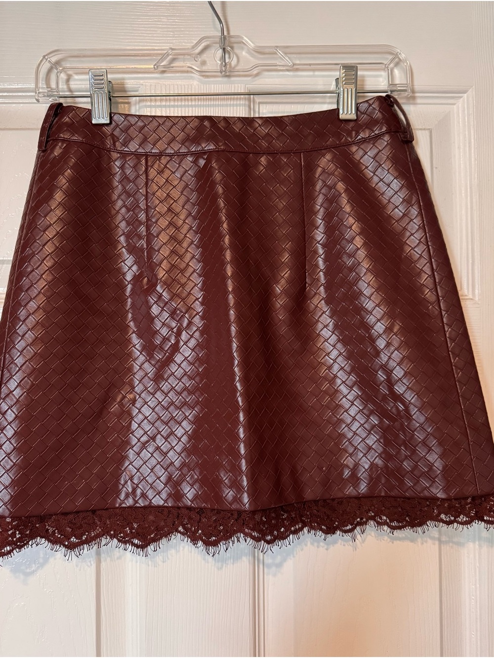 Commense Burgundy Woven Faux-Leather Mini Skirt with Lace Trim